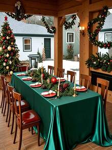 1pc Christmas Deep Green Satin Rectangular Tablecloth, Glossy Silk Fabric, Smooth Texture, Washable, Suitable For Wedding Banquet, Birthday Party, Dinner, Anniversary Table - Multicolor - View 5