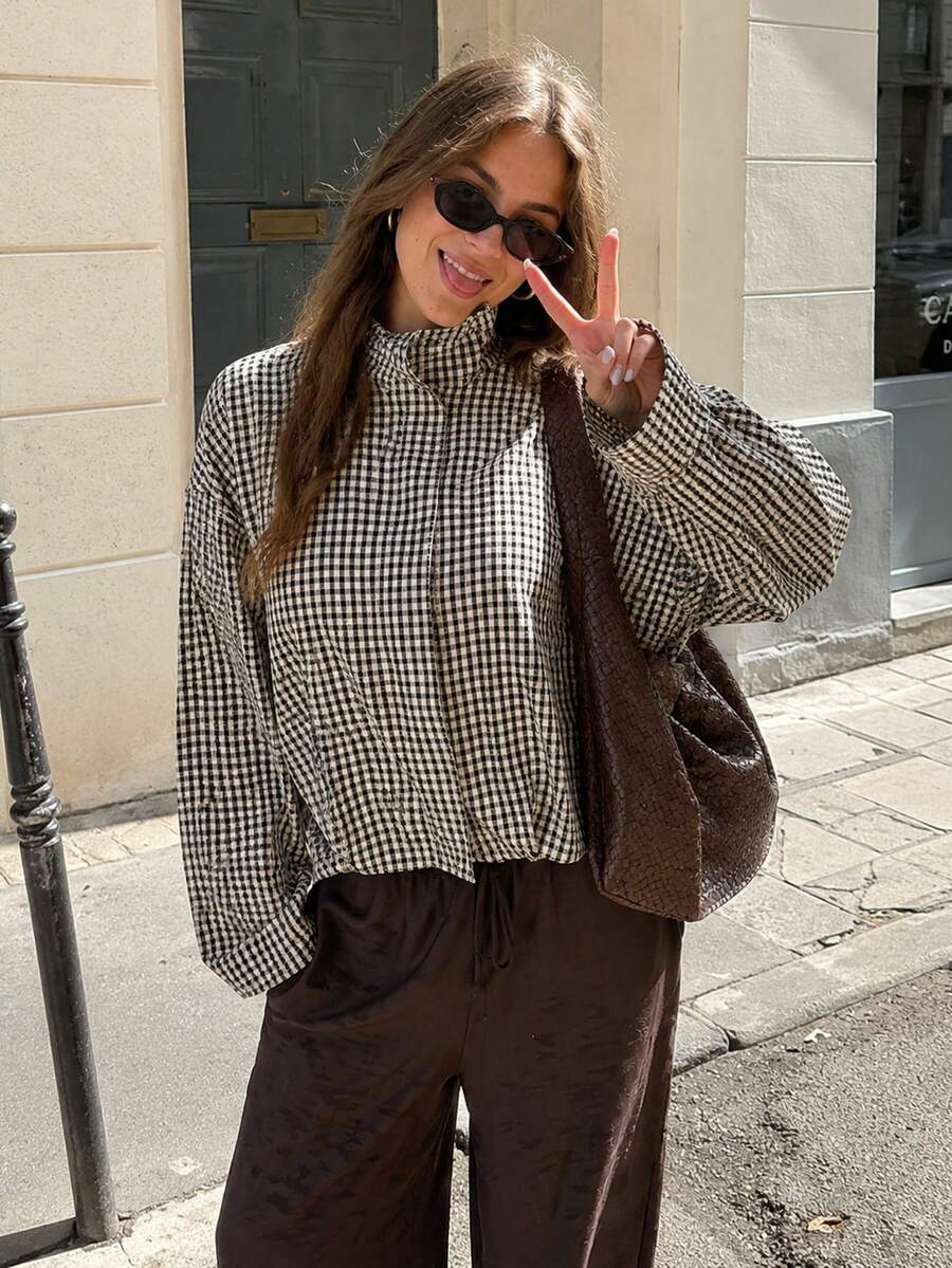 Women's Plaid Aviator Jacket, Spring Short Jacket, Autumn Plaid Zipper Lightweight Jacket, Long Sleeve Contrast Color Casual Airport Style Jacket - Black and White - View 1