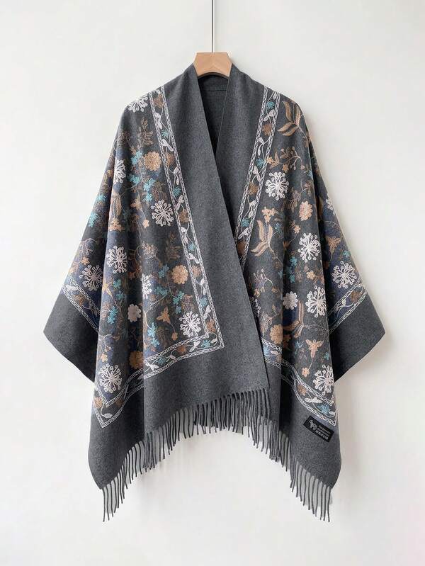 1pc Women's Autumn/Winter Faux Cashmere Embroidered Scarf, Thick Warm Shawl Cape With Tassels, Bohemian Style Travel Wrap