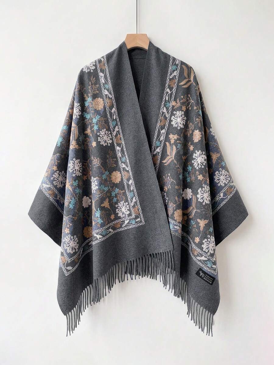 1件女款秋冬仿羊絨刺繡圍巾,加厚保暖披肩斗篷,附流蘇,波希米亞風旅行披肩 - 灰色 - 查看 1
