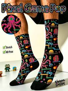 Cool 360° Printed Men's Socks - Streetwear Socks,Ixel Game,Video Game Print,Pixel Robot,Colorful,Funny Socks, Fit Daily, Holiday & Party Occasions - Multicolor - View 1