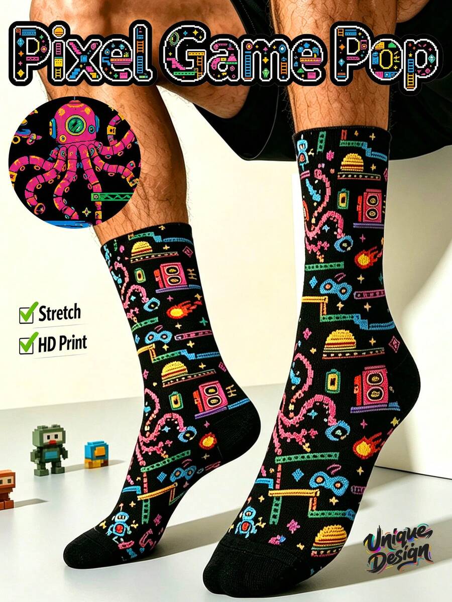 Cool 360° Printed Men's Socks - Streetwear Socks,Ixel Game,Video Game Print,Pixel Robot,Colorful,Funny Socks, Fit Daily, Holiday & Party Occasions - Multicolor - View 1