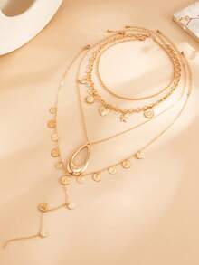4pcs Creative Oil Drop Coin Flower Heart Pendant Necklace, Multi-Layer Chain Round Disc Tassel Collarbone Necklace - Gold - View 3