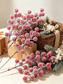 5PCS Multi‑Heads Artificial Red Holly Berry Stems, Glossy Faux Red Berry Picks, Christmas Tree Wreath Vase Arrangement DIY Stems, Winter Xmas Holiday Home Table Decor - Red - View 4