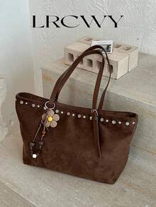 Women's Shoulder Tote Bag, Fashionable Elegant Autumn/Winter Matte Large Capacity Coffee Color Bag With Rivet Embellishment - Coffee - View 4