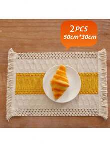 Bohemian Style Striped Table Runner, Yellow And White Woven Tassel Tablecloth, Farmhouse Style Hollow Crochet Placemat, Country Style Dining Table Centerpiece, Suitable For Dining Table, Birthday, Coffee Table, Wedding And Home Gathering - Middle Yellow - View 10