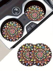 2pcs Boho Mandala Car Cup Coaster, Non‑Slip Decorative Vehicle Cup Holder Insert, Stylish Car Interior Decoration Accessory - Multicolor - View 1