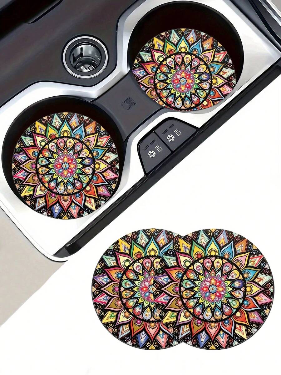 2pcs Boho Mandala Car Cup Coaster, Non‑Slip Decorative Vehicle Cup Holder Insert, Stylish Car Interior Decoration Accessory - Multicolor - View 1