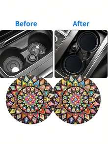 2pcs Boho Mandala Car Cup Coaster, Non‑Slip Decorative Vehicle Cup Holder Insert, Stylish Car Interior Decoration Accessory - Multicolor - View 5