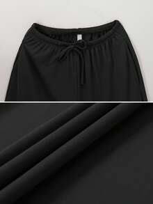 NcmRyu Women's 1pc Solid Color Drawstring Waist Side Pocket Wide Leg Long Pants, Autumn/Winter - Black - View 4