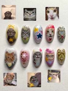 30pcs Short Almond-Shaped Press-On Nails, Colorful Hand-Painted Cute & Quirky Cat, Bow, Heart Pattern Design, Embellished With Small Steel Beads And Pearl Decor, Set Includes: 1pc Jelly Glue And 1pc Nail File - Multicolor - View 9