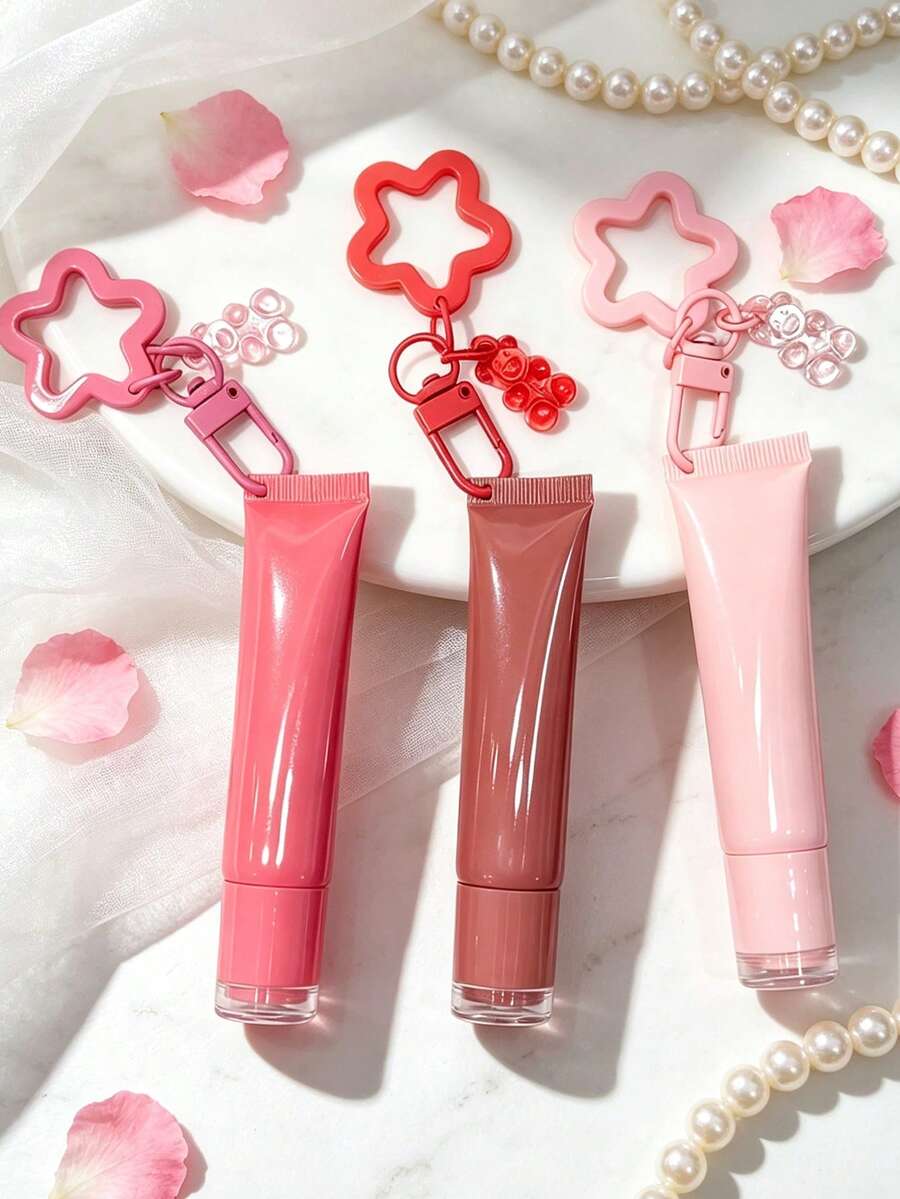 Lip Gloss Keychain Making Kit, Includes One Bear Pendant And One Star Keychain. The Keychain Is Decorated With A Bear Pendant. Also A Stylish Beauty Accessory. (Empty Lip Gloss Tube, Refillable.) - Multicolor - View 1