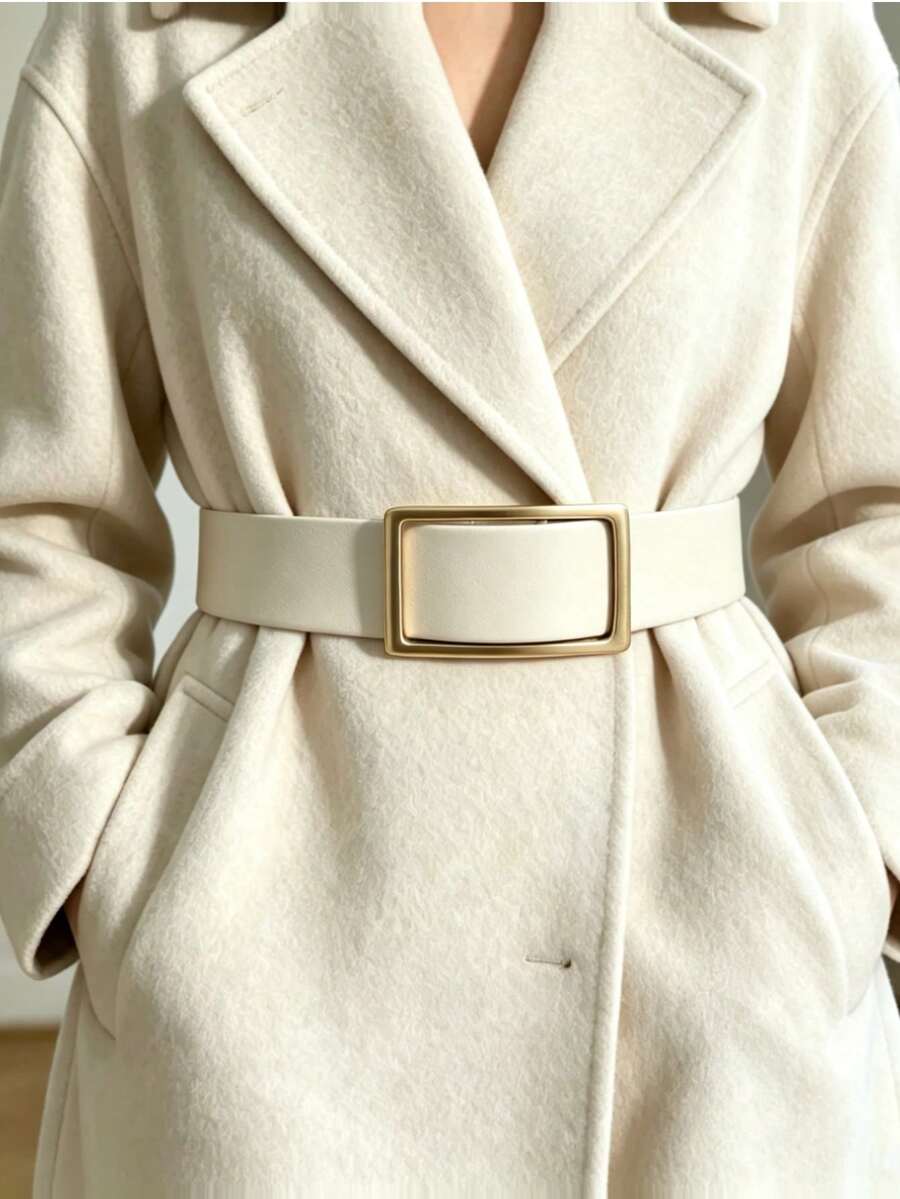 1pc Holeless Belt With Free Adjustment At Any Position, Autumn/Winter Coat Style Women's Belt, Square Buckle, Versatile Design, Suitable For Daily Matching With T-Shirts, Dresses, Jeans, Suits, Maillard - White - View 1