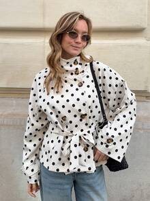 Women's Polka Dot Drawstring Loose Windbreaker Jacket, Casual Wear For Autumn & Winter Vacation - Apricot - View 6