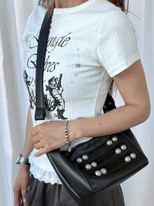 American Hot Girl Motorcycle Bag New Niche Design Ins Style Double Button Underarm Bag Commute Outing Daily Shopping Versatile Fashion Minimalist Shoulder Crossbody Bag - Black - View 5
