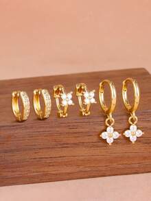 6PCS Four-Petal Zirconia Flower Earring Set, Women's Style, 18K Gold Plated Hypoallergenic Ear Cartilage Hoop Earrings Studs Piercing Jewelry, Suitable For Daily Wear - Gold-25 - View 2