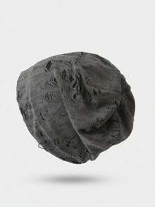 1pc Unisex American Style Distressed Ripped Vintage Knit Beanie, Fashionable Accessory For Streetwear - Multicolor - View 4