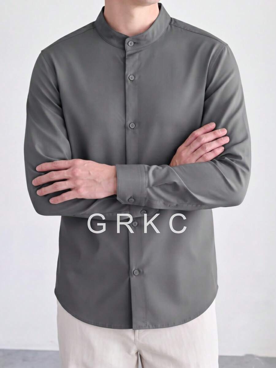 GRKC 男士通勤立領長袖梭織襯衫,極簡成熟風格,適合春/秋/冬 - 灰色 - 查看 1
