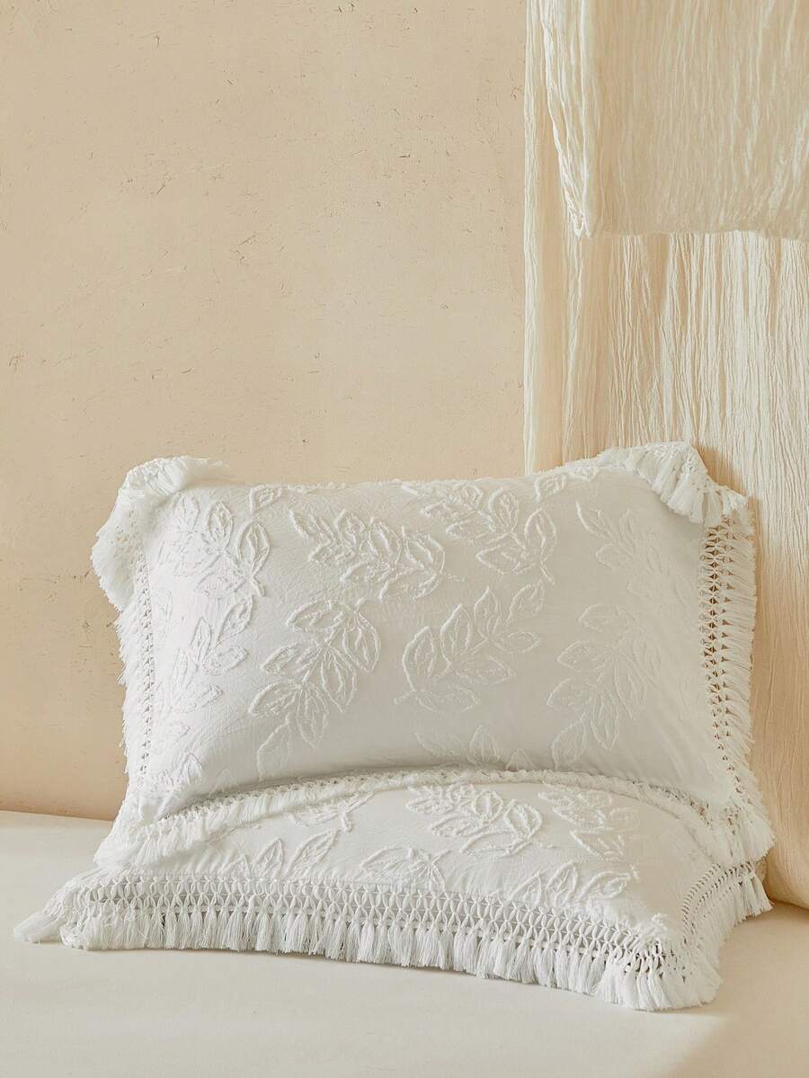 2pcs Boho White Leaf Pattern Cutout Tufted Pillow Covers With Tassels, Vintage Farmhouse Style Polyester Decorative Throw Pillow Cases, Suitable For All Seasons, Decor, Machine Washable, Inserts Not Included - White - View 1