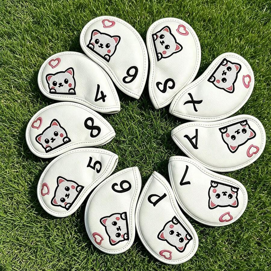 10pcs Golf Club Head Covers, Cute Cat Pattern, High Quality Golf Club Head Covers/Golf Club Covers/Iron Head Covers - White - View 1