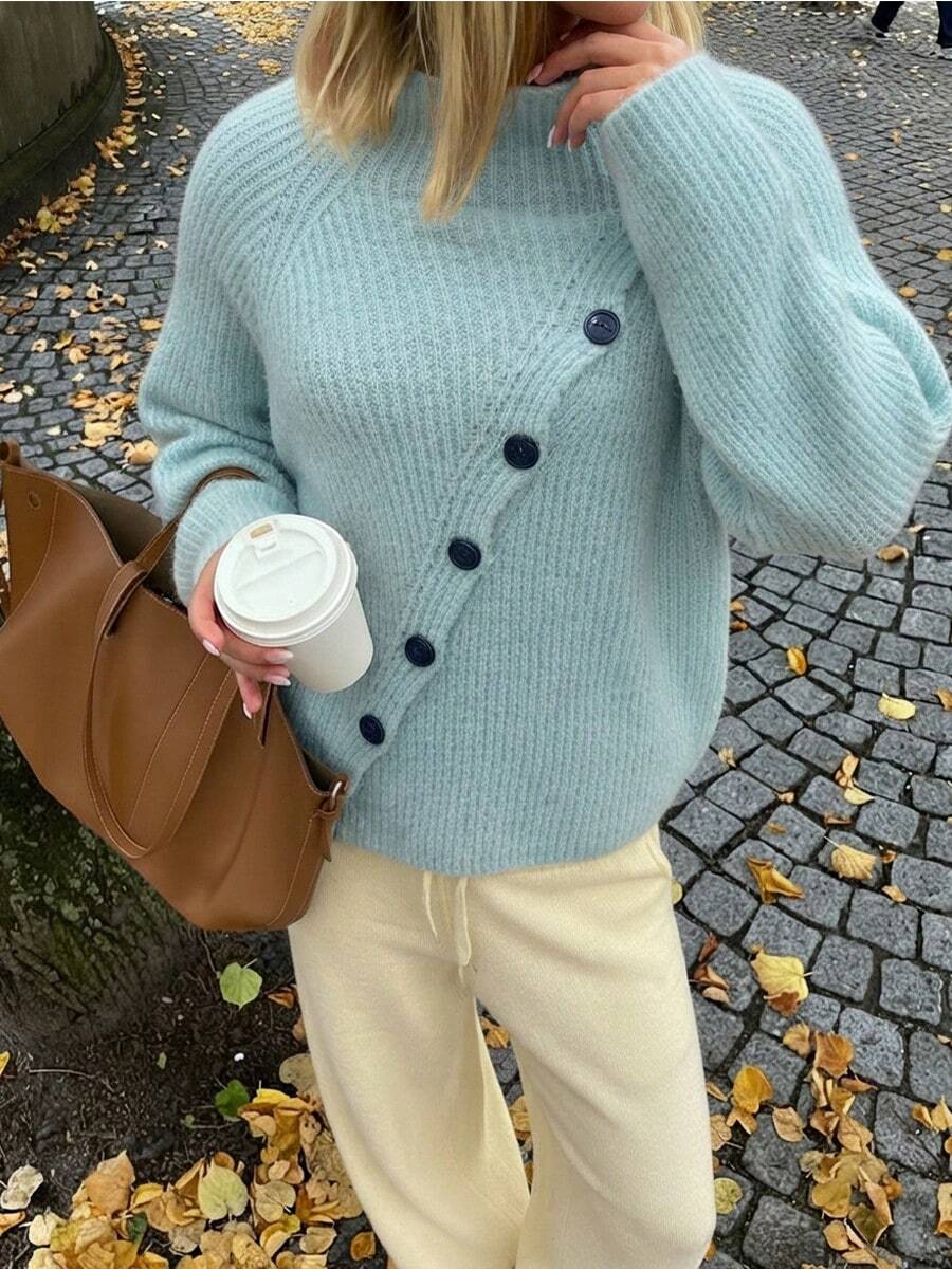 女款冬季高領套頭毛衣，休閒寬鬆長袖毛衣，時尚前襟鈕扣斜線設計毛衣，秋冬上衣