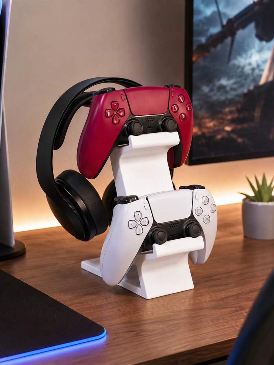3D Printed Game Controller & Headset Stand With Cleaning Brush, 2-In-1 Universal Desktop Headphone & Controller Holder, Compatible With Series X/S, Space-Saving Storage Organizer, Gift For Gamer Boyfriend/Husband, Suitable For Bedroom, Gaming Room, Office