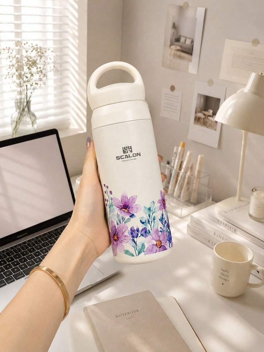 1 pieza SCALON Vaso térmico de gran capacidad 17oz/500ml con diseño floral colorido, vaso portátil a prueba de fugas con aislamiento al vacío - Patrón de flores frescas y lindas, acero inoxidable 304, adecuado para escuela, oficina, gimnasio, exterior, hogar y talla grande, aislamiento duradero, asa portátil, regalo de cumpleaños perfecto para familia, amigos, novio/novia, botella de agua, vaso de agua, vaso térmico, taza de viaje, vaso de viaje para agua caliente y fría - Multicolor - Ver 1