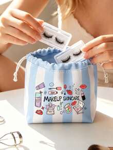 Striped Cosmetic Bag With Cosmetic-Themed Print, Large‑Capacity Portable Travel Toiletry Pouch, Multifunctional Storage Organizer For School Shopping Spring Outing, Back‑To‑School Birthday Wedding Gift - Multicolor - View 3