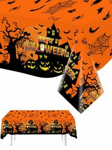 1pc Orange Halloween Table Cover 220x130cm Scary Haunted House Disposable Table Cloth Halloween Table Decor Trick Or Treat Halloween Party Supplies - Multicolor - View 4