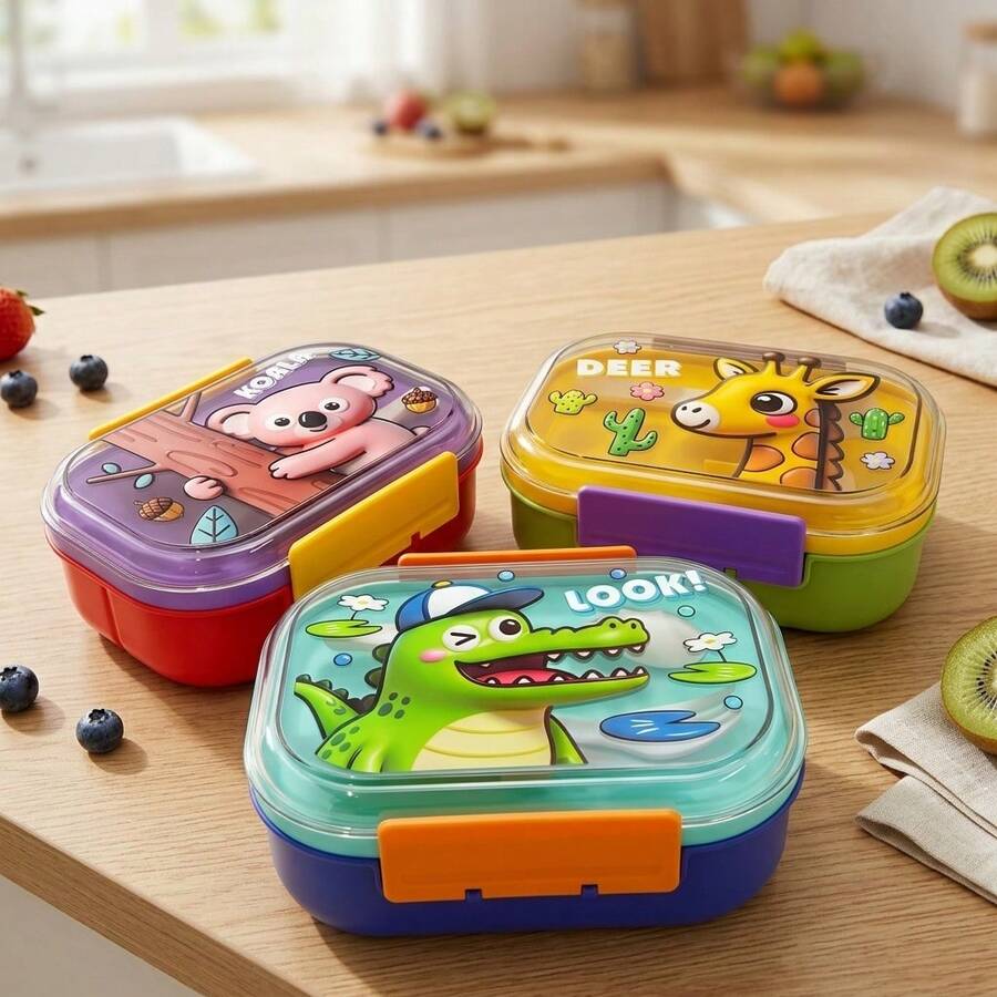 1 buah/Set Kotak Bekal Plastik Lucu dengan Peralatan Makan, Kotak Bento Anti Bocor yang Dapat Digunakan Kembali, Wadah Bekal Portabel, Wadah Penyimpanan Makanan Salad Buah, Aman untuk Kulkas & Microwave, Cocok untuk Pelajar dan Dewasa di Sekolah, Kantor, Piknik, Kembali ke Sekolah - MultiWarna - View 1