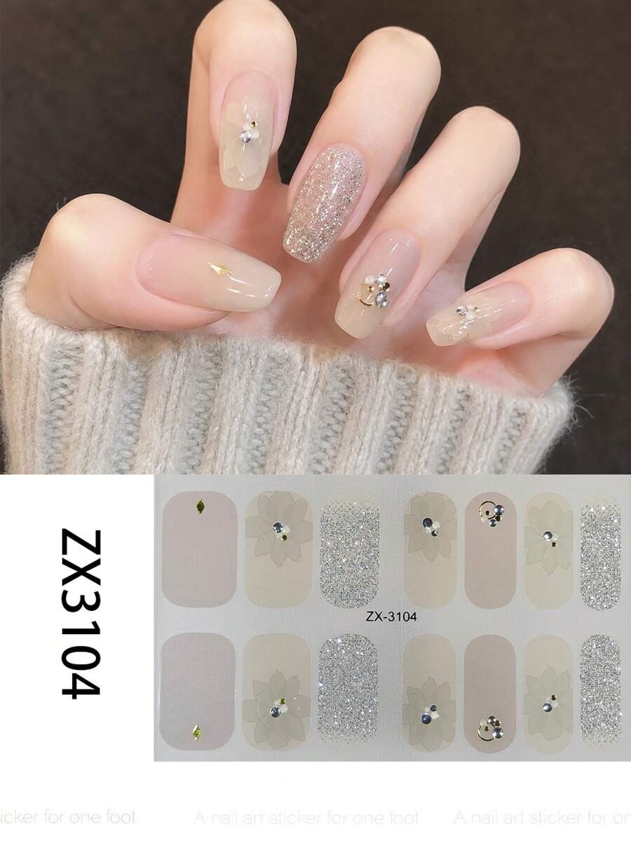 1 Sheet Unique, Minimalist, And Delicate Full-Coverage Nail Stickers. Adorned With Various Floral Designs, Rhinestones, And Sparkling Embellishments, These Stickers Make It Easy For Women And Girls To Create Beautiful Manicures.