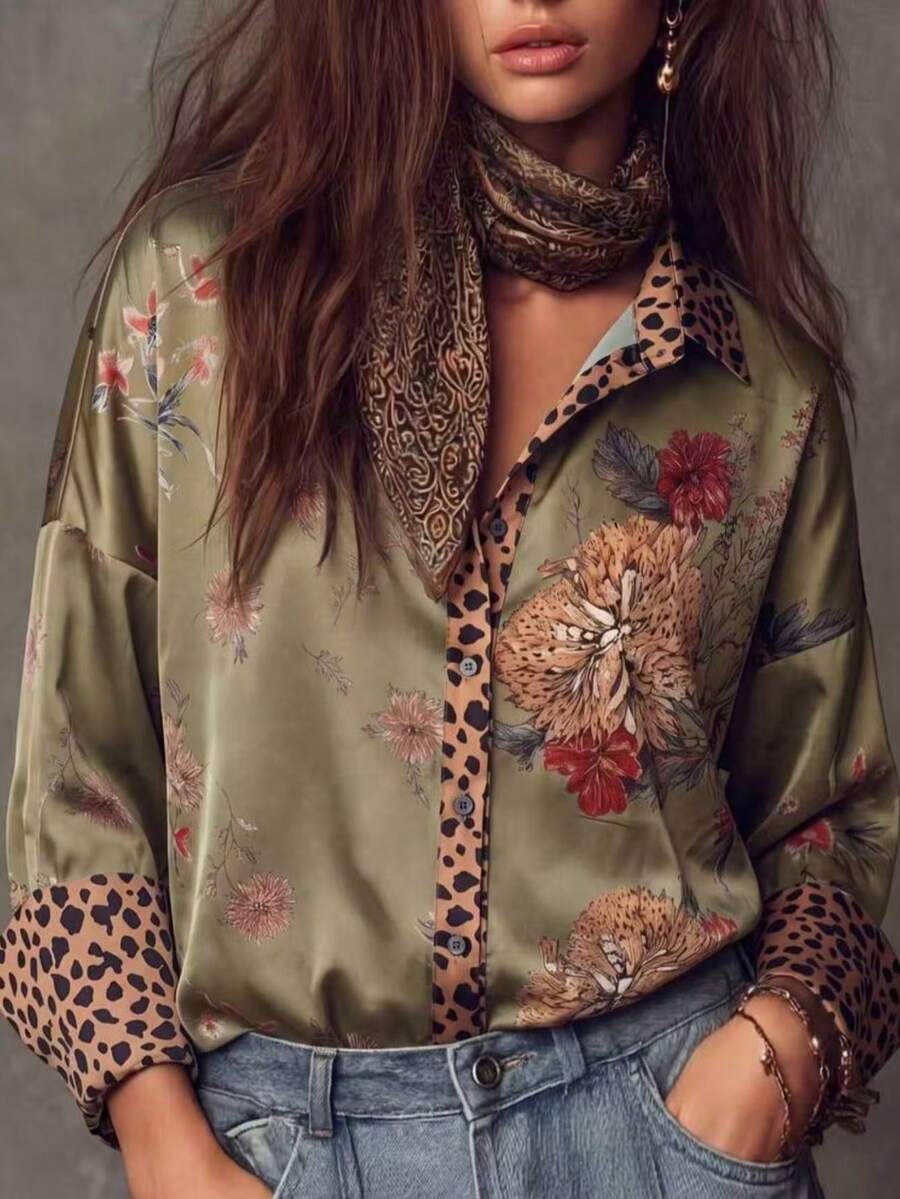 Plus Women Printed Blouse With Leopard Print Cuff Design, Fashionable Elegant Casual Commute Daily Wear Shirt - Green - View 1