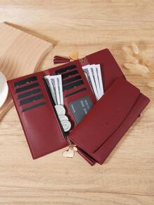 Fashionable Women's Long Wallet, Three Fold Multi Slot Heart-Shaped And Tassel Decorated Multifunctional Wallet, Suitable For Outdoor Travel - Burgundy - View 9