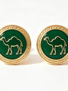 Saudi National Day Camel Stud Earrings Green Enamel Gold Round Earrings Holiday Jewelry Gift - Multicolor - View 3