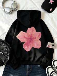 Teenage Girls' Floral Print Loose Fit Long Sleeve Sweatshirt, Interesting Painting Style Pattern, Solid Color Hooded Sweatshirt, Suitable For Daily Wear, Outings, Parties, School, Music Festivals, Vacations, Commuting - Black - View 1