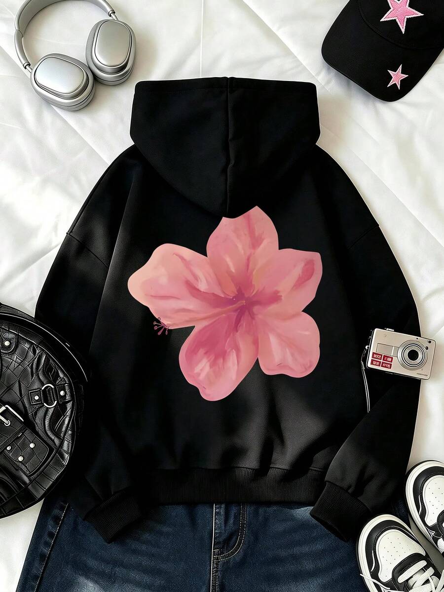 Teenage Girls' Floral Print Loose Fit Long Sleeve Sweatshirt, Interesting Painting Style Pattern, Solid Color Hooded Sweatshirt, Suitable For Daily Wear, Outings, Parties, School, Music Festivals, Vacations, Commuting - Black - View 1