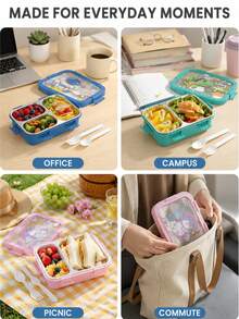 Stainless Steel Bento Lunch Box, 850ml Portable Food Container With Fork And Spoon, Microwave And Refrigerator Available, Unicorn Dinosaur Astronaut Pattern, School Office Picnic Commuting Lunch Box, Reusable Food Storage Box - Multicolor - View 4