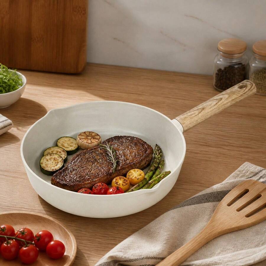 Ecook 28cm Aluminum Frying Pan With Ceramic Coating And Wood-Effect Handle, Non-Stick Cookware For Sautéing And Frying, Cream And Beige Color - View 1