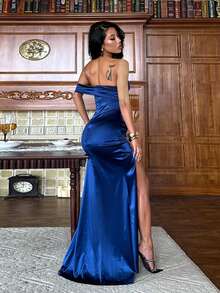 Autumn Solid Color Off-Shoulder Slit Party Dress Women's Elegant Dress For Party And Date - Navy Blue - View 6