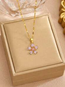 1pc Copper & Zirconia Five-Petal Flower Pendant Necklace With Stainless Steel Chain For Girls Delicate Fashion Party Clavicle Chain For Daily Life - Pink - View 3