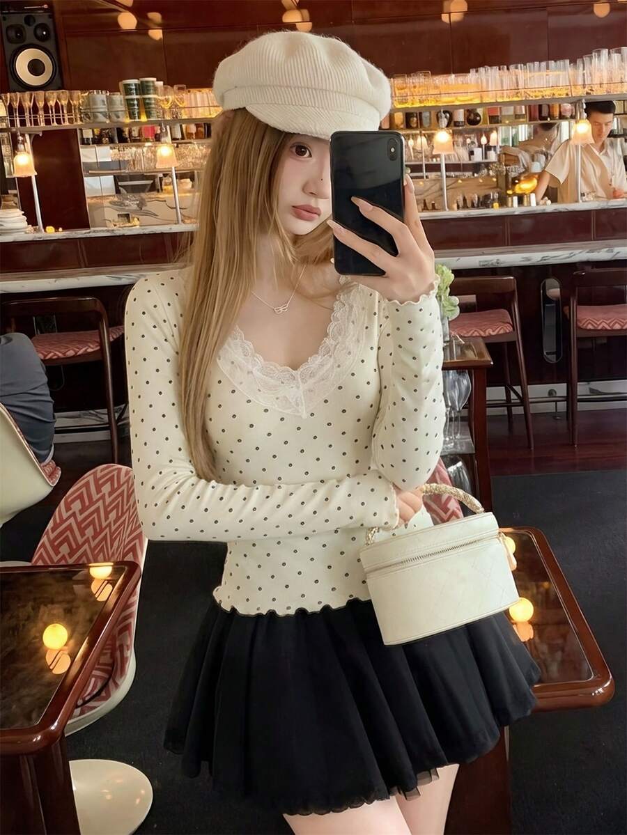 Korean Vintage Polka Dot Knit Long Sleeve Top, Lace Patchwork Deep V-Neck, Ruffle Hem And Cuffs, Slim Fit Base Layer - Apricot - View 1