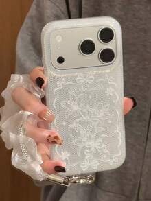 Lace Bow Lily Flower Phone Case Compatible With Apple 17 Pro Max 16 Pro 15 Women's Full Coverage Anti-Fall Protective Cover With Wrist Strap - White - View 1