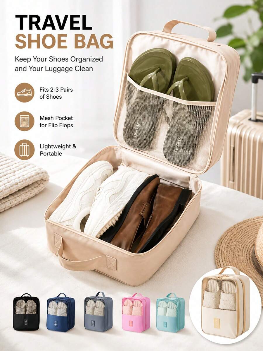 1pc Shipped High-Capacity Travel Shoe Bag - Fits 3 Pairs Of Shoes, Durable And Breathable Storage With Comfortable Black Handle, Sturdy Hanging Organizer With Multiple Compartments, Designed To Save Suitcase Space, For Socks And Other Items