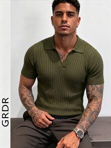 GRDR 男士夏季纯色 Polo 领短袖针织衫，适合夏季外出穿着，时尚造型必备单品 - 軍綠色 - 查看 5