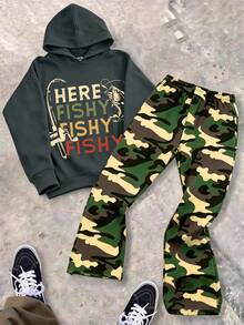 Teen Street Letter Print Hoodie & Camo Wide Leg Pants 2pcs Set, Autumn Winter Outfit, Campus Style, Homecoming Look - Dark Grey - View 1