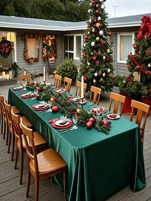 1pc Christmas Deep Green Satin Rectangular Tablecloth, Glossy Silk Fabric, Smooth Texture, Washable, Suitable For Wedding Banquet, Birthday Party, Dinner, Anniversary Table - Multicolor - View 4