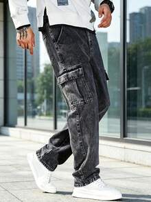 Celana Jeans Kargo Pria dengan Saku Lipat Samping, Celana Jeans Kargo Panjang Lurus Warna Polos Abu-abu Tua, Hadiah yang Cocok untuk Suami atau Pacar - Hitam - View 4