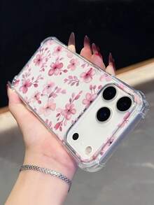 1pc Pink Floral Print Phone Case | Four-Corner Anti-Drop Protective Shell - Compatible With IPhone 17 Pro, 16e, 16 Pro, 15 Pro, 14, 13, 12, 11,  Compatible ; Compatible  Refreshing Summer Accessory, Perfect As A Gift For Friends Or Yourself. - Multicolor - View 4
