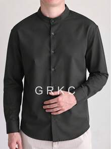 GRKC Men's Stand Collar Long Sleeve Wrinkle-Resistant Woven Loose Fit Business Casual Commute Shirt, Autumn/Winter - Black - View 2