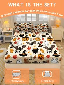 2/3PCS Halloween Cartoon Fitted Sheet Set Pumpkin Bat Print Fitted Sheet Set Soft Breathable Bedding For All Seasons Twin/Full/Queen 100% Polyester Machine Washable - Multicolor - View 1